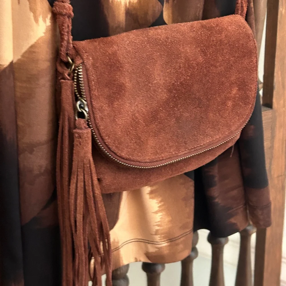 Festival Genuine Leather Brown Suede Crossbody Bag Perfect Concert Bag - Picture 3 of 14